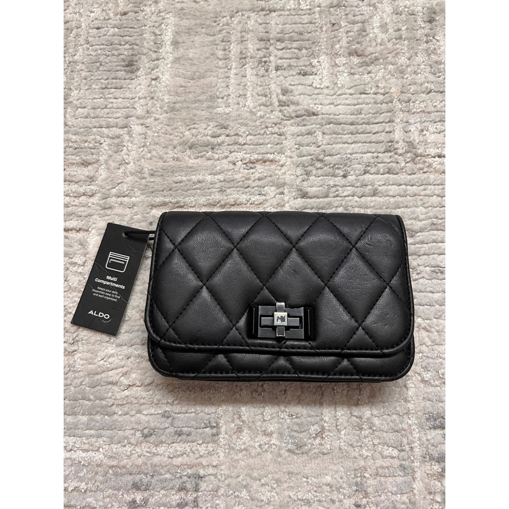 ALDO Black Quilted Faux Leather Clutch‎ Bag Multi Compartment